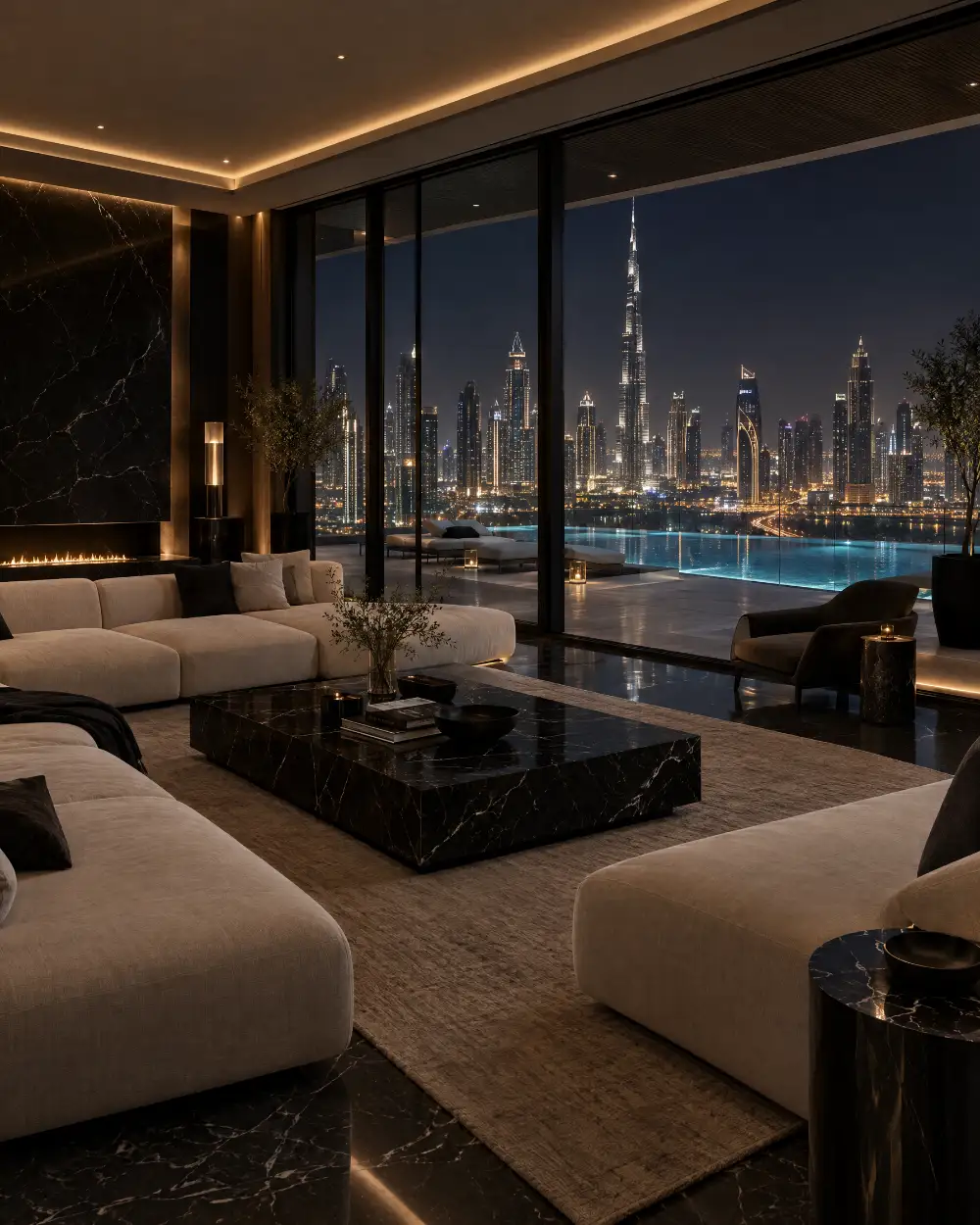 Penthouse living room overlooking the Dubai skyline (illustrative)